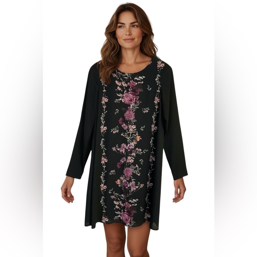 Xhilaration XS Black Floral Long Sleeve Shift Dress Lined